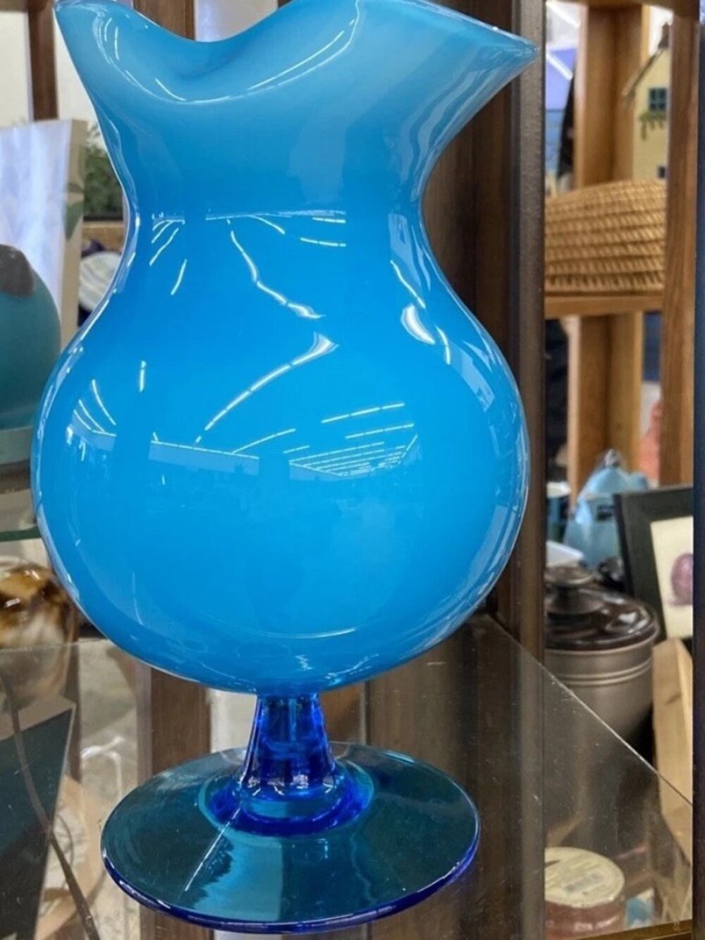 Vintage Hand Blown MCM Blue Glass Pinched Rim Vase